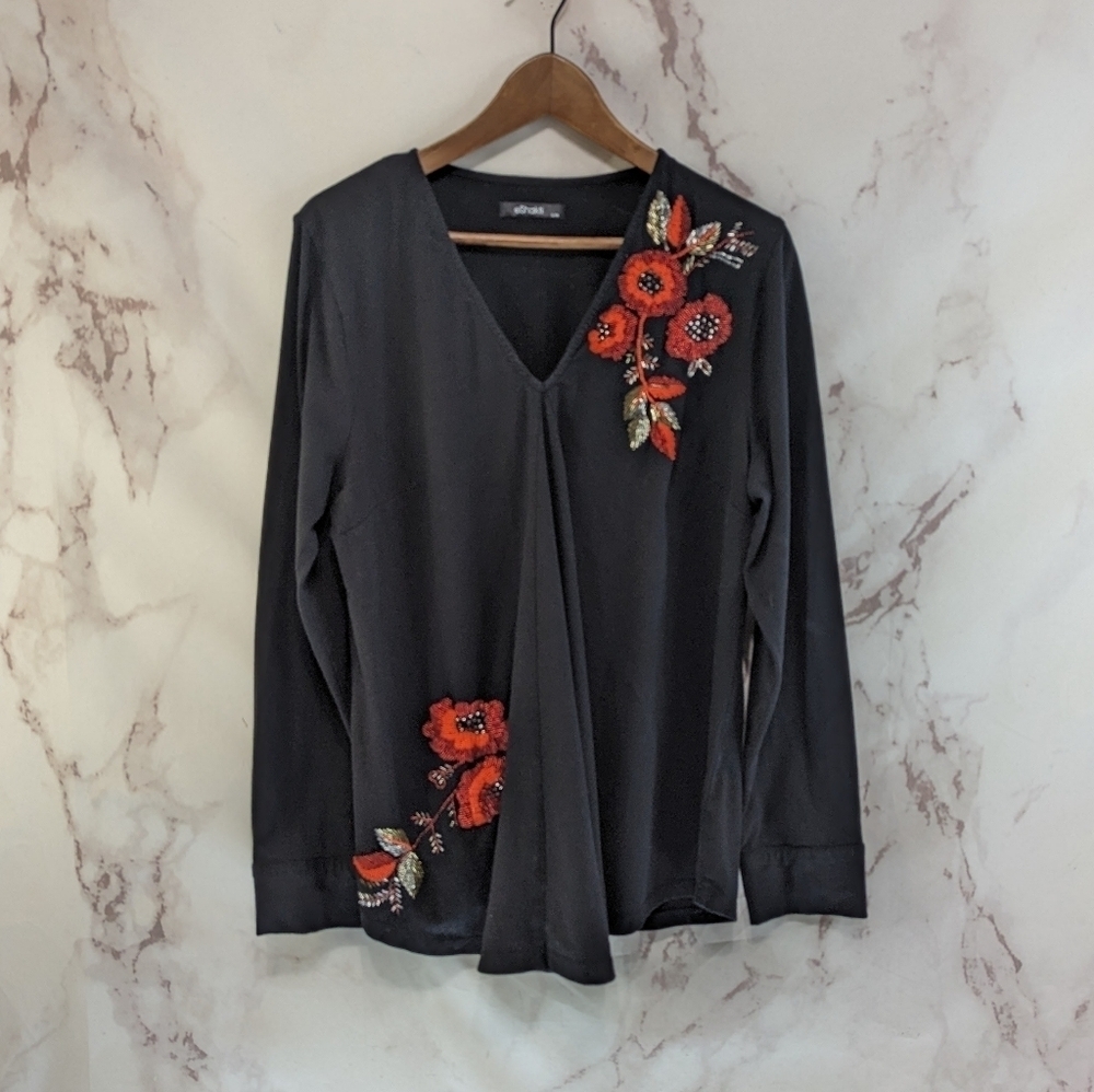eshakti Top Womens Large 14 Black Red Beaded Floral Pleated Swing Long Sleeve V